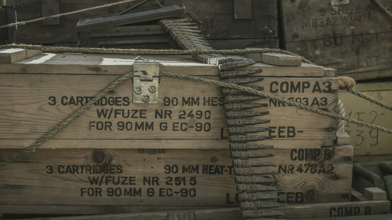 Rows of pistol ammunition standing on a table