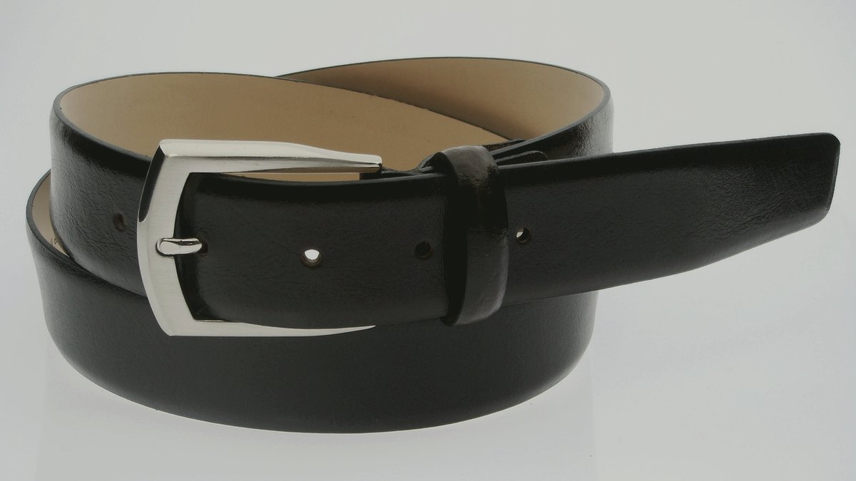 Coiled black leather belt with a steel buckle